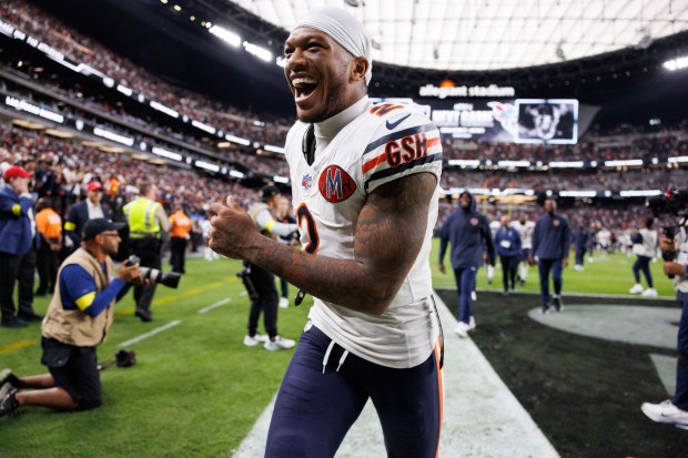 Bears wide receiver DJ Moore celebrates after Josh Blackwell blocked a Raiders field goal to give the Bears a 25-24 win Sept. 28, 2025, in Las Vegas. (Armando L. Sanchez/Chicago Tribune)