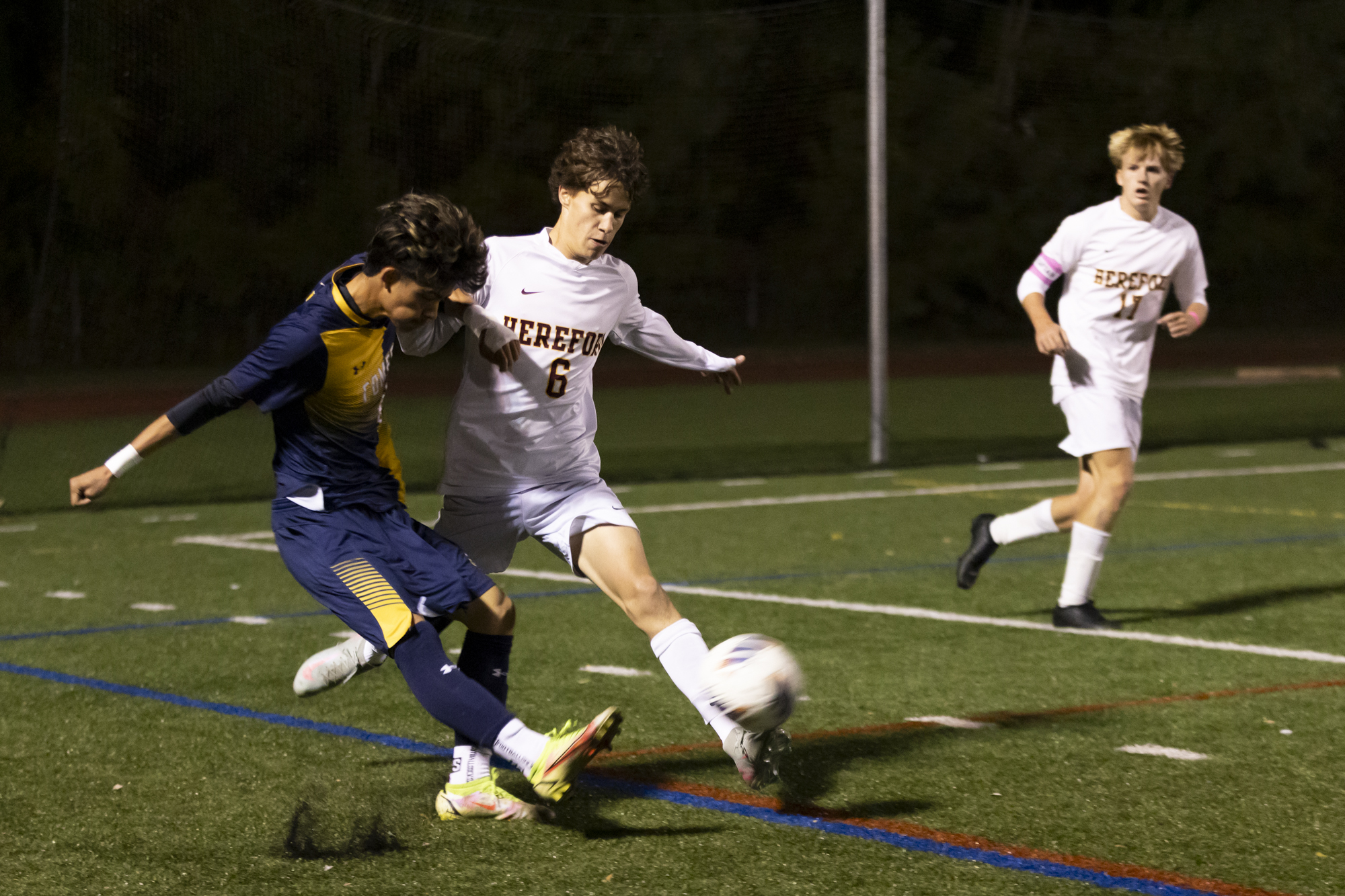 Catonsville’s Chris Argueta crosses the ball towards the goal past...