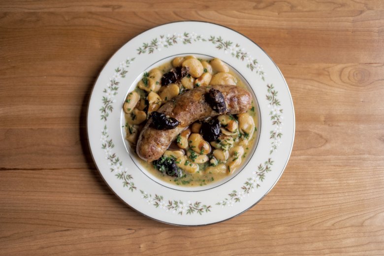 Housemade sausage with peppers, onions and white beans