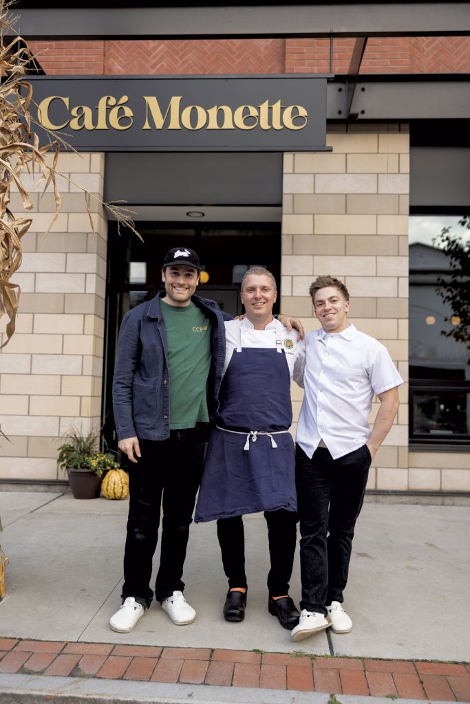 Henry Long, Adam Monette and Tyler Comeau outside Café Monette in St. Albans