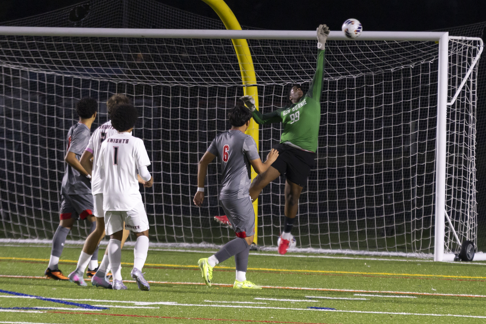 Glen Burnie goalkeeper Samuel Akinwande makes a save Saturday against...