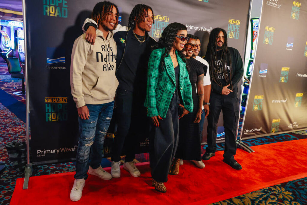 Cedella Marley, Bob Marley’s daughter, center, poses with her family at the red carpet p ...