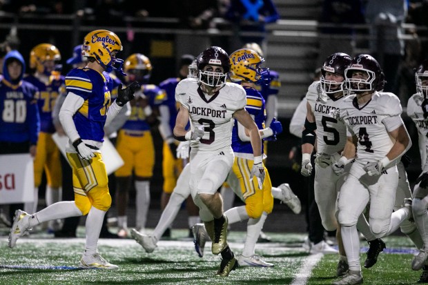 Lockport's Colton Benaitis (3) celebrates after an interception against Sandburg during a Class 8A first-round game in Orland Park on Saturday, Nov. 1, 2025. (Vincent D. Johnson / for the Daily Southtown)