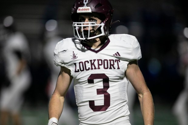 Lockport's Colton Benaitis (3) gets set on defense against Sandburg during a Class 8A first-round game in Orland Park on Saturday, Nov. 1, 2025. (Vincent D. Johnson / for the Daily Southtown)