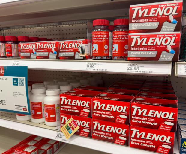 Tylenol pain relief products are shown on a store shelf in Carmel, Ind., Sept. 23, 2025. (AP Photo/Michael Conroy)