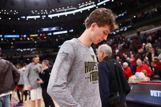 Chicago Bulls forward Matas Buzelis (14) walks off the court after the Bulls lost, 121-117, to the San Antonio Spurs at the United Center on Monday, Nov. 10, 2025, in Chicago. (Armando L. Sanchez/Chicago Tribune)