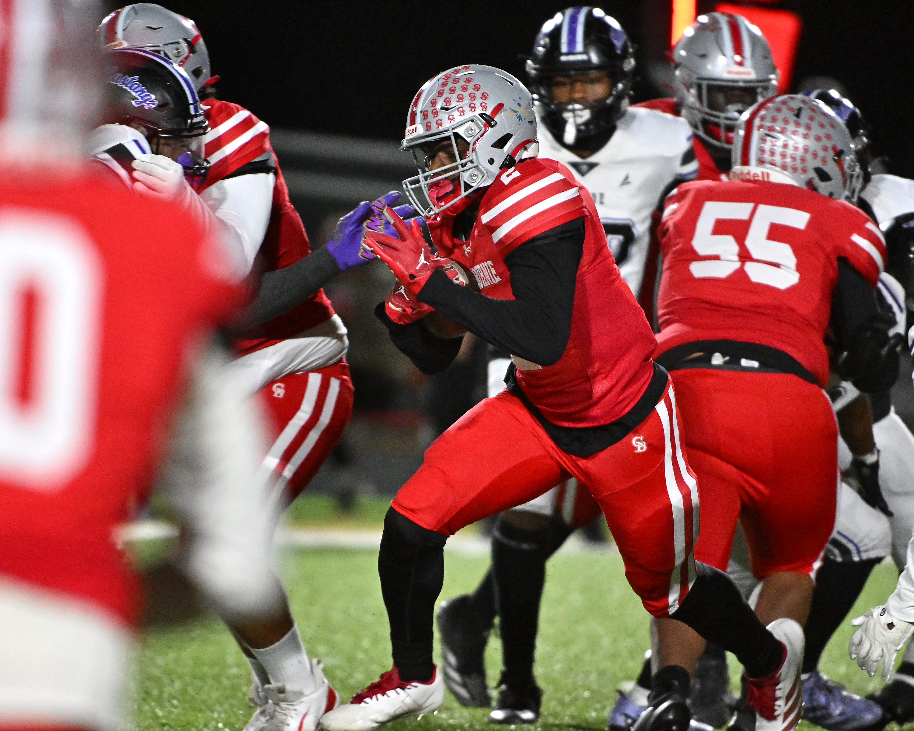 Nov. 14, 2025: Glen Burnie's Noah Mitchell ​scores on a big run in the first quarter. The Glen Burnie Gophers defeat the visiting Meade Mustangs, 41-35, in a MPSSAA Class 4A East Region second round playoff football game. (Paul W. Gillespie/Staff)