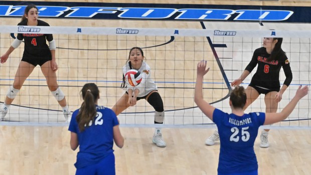 Glenelg's Bella Chen digs a serve from Williamsport during the Class 2A volleyball state championship at Harford Community College on Saturday. (Brian Krista/Staff)