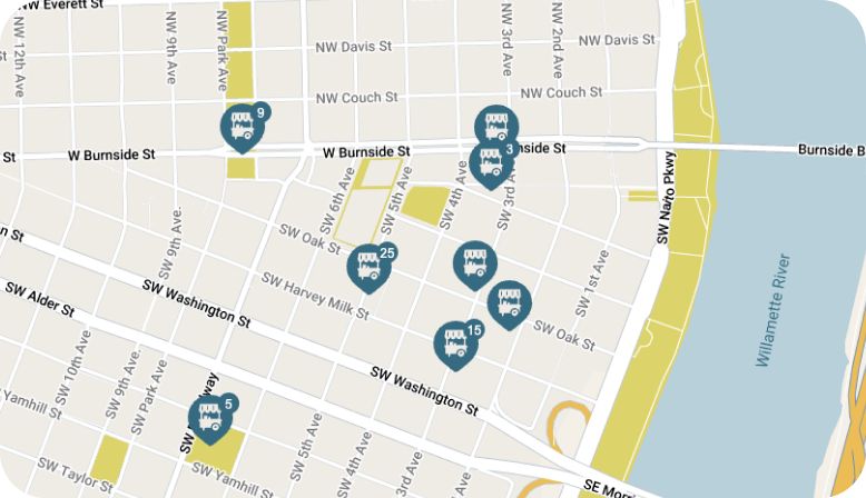 Decorative Map view of Portland with food cart pins