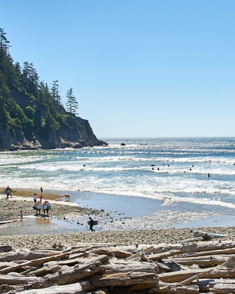 surfers and beachgoers enjoy the rugged coastline of Short Sands Beach on a sunny day