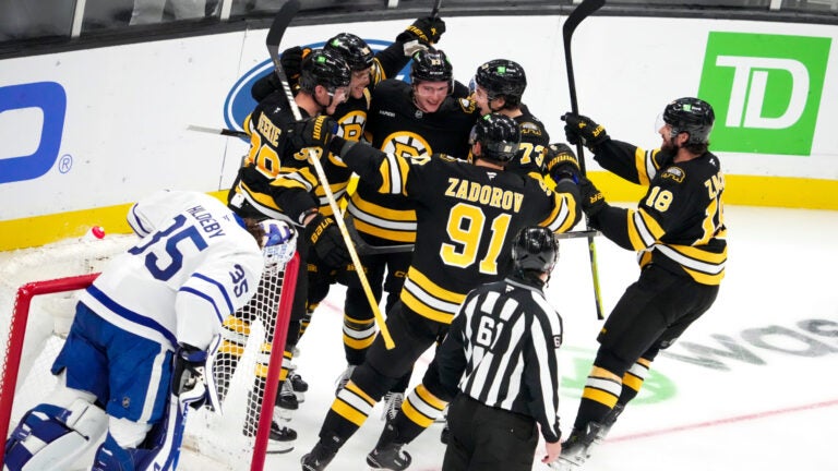 Boston Bruins right wing David Pastrnak (88) is at the center of the celebration after scoring to give Boston a 4-1 lead during the 2nd period. The Boston Bruins hosted the Toronto Maple Leafs Tuesday, November 11, 2025 at TD Garden in Boston, MA.