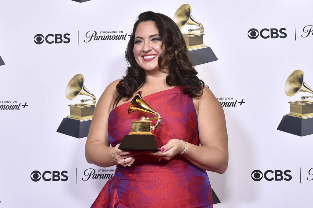 Nicole Zuraitis poses in the press room with the award for best jazz vocal album for "How Love ...