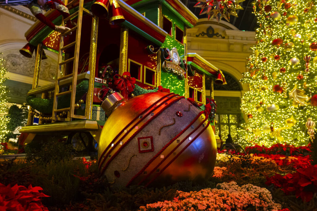 An oversized ornament is seen in the holiday display at the Bellagio Conservatory & Botanic ...