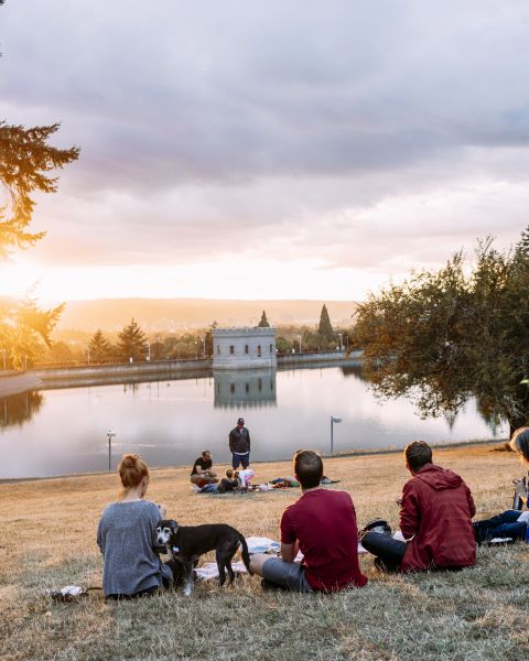 people enjoy a picnic at sunset looking out over a reservoir