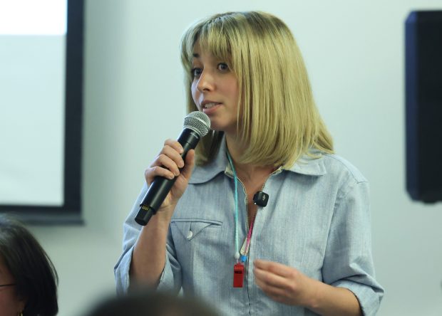 Kat Abughazaleh participates in an Illinois 9th Congressional District candidate forum at Oakton College on Oct. 21, 2025, in Skokie. (John J. Kim/Chicago Tribune) whistle