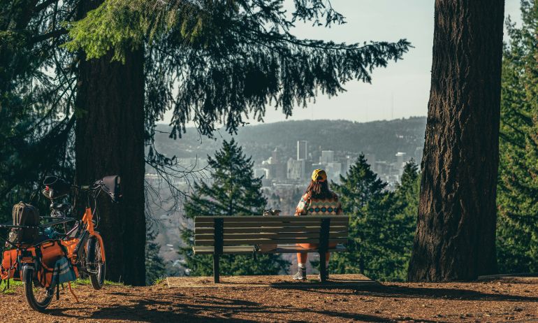 an orange bike stands left of a person sitting on a park bench between two large trees