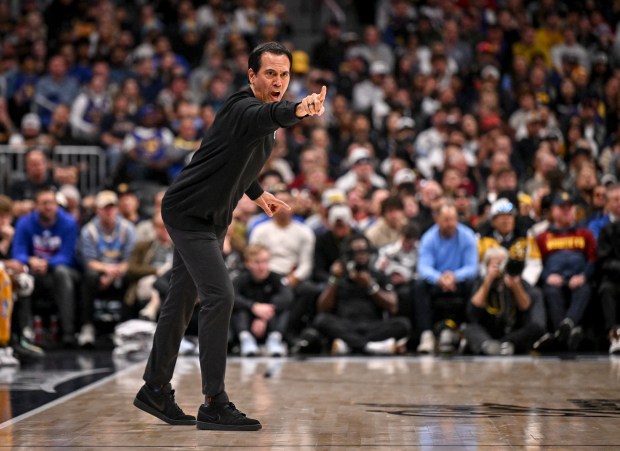 Head coach Erik Spoelstra of the Miami Heat works during the fourth quarter of the Denver Nuggets' 122-112 win at Ball Arena in Denver on Wednesday, Nov. 5, 2025. (Photo by AAron Ontiveroz/The Denver Post)