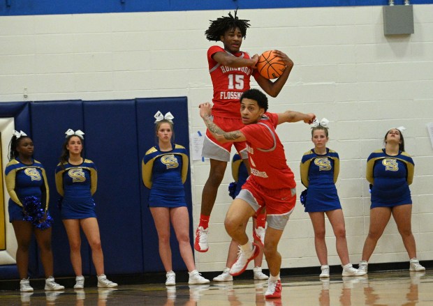 Homewood-Flossmoor's Jayden McDonald (15) pulls down the rebound against Sandburg during a SouthWest Conference game Tuesday, Jan. 6, 2026 in Orland Park, IL. (Steve Johnston/for the Daily Southtown)
