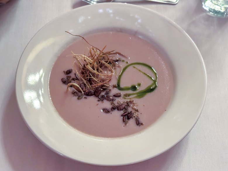 Chioggia beet and Gilfeather turnip soup at Cloudland Farm