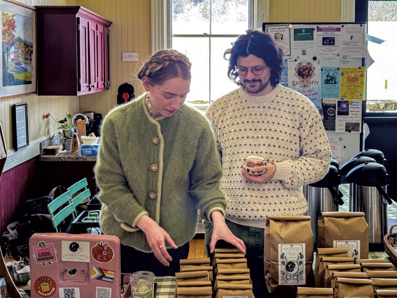 River Holmes and Joseph Pica of Mother Moon Coffee at the St. Johnsbury Winter Market