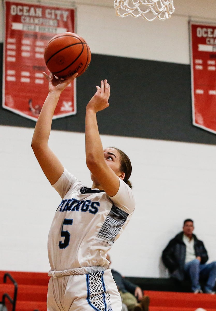 Laila Muniir (5) of Atlantic City scores during the girls basketball game between Ocean City and Atlantic City at Ocean City High School in Ocean City, NJ on 1/14/26.