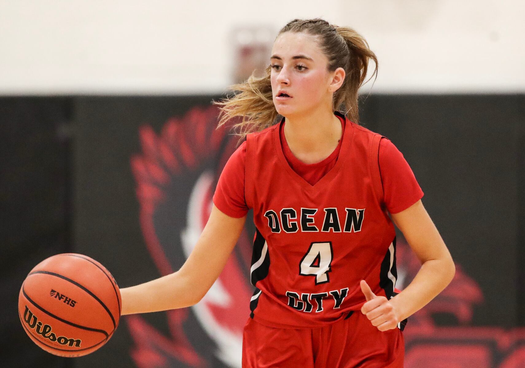 Scarlett Fletcher (4) of Ocean City races up the floor during the girls basketball game between Ocean City and Atlantic City at Ocean City High School in Ocean City, NJ on 1/14/26.
