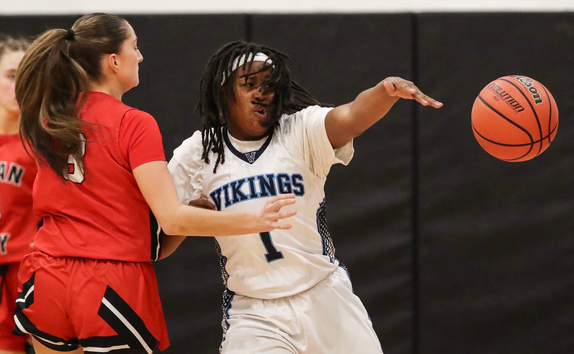 Sage Demby (1) of Atlantic City defends againt Allie Hudson (3) of Ocean City during the girls basketball game between Ocean City and Atlantic City at Ocean City High School in Ocean City, NJ on 1/14/26.