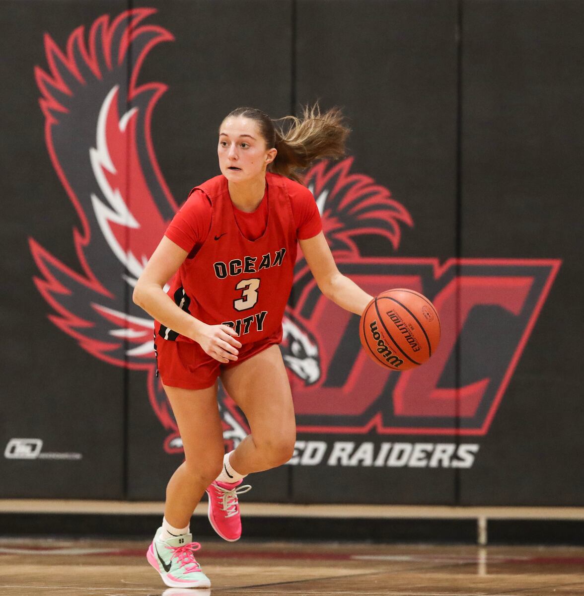 Allie Hudson (3) of Ocean City races up the floor during the girls basketball game between Ocean City and Atlantic City at Ocean City High School in Ocean City, NJ on 1/14/26.