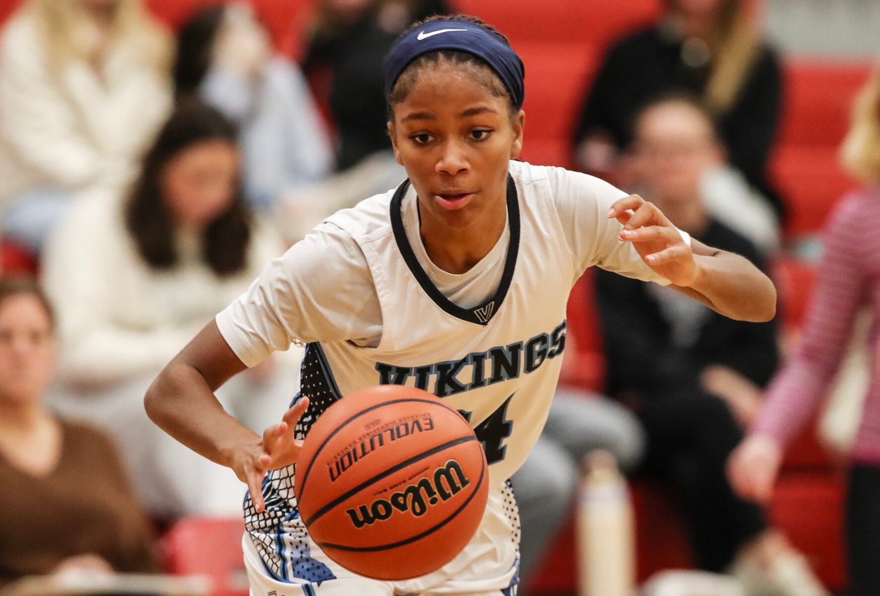 Taison Parker (24) of Atlantic City dribbles during the girls basketball game between Ocean City and Atlantic City at Ocean City High School in Ocean City, NJ on 1/14/26.