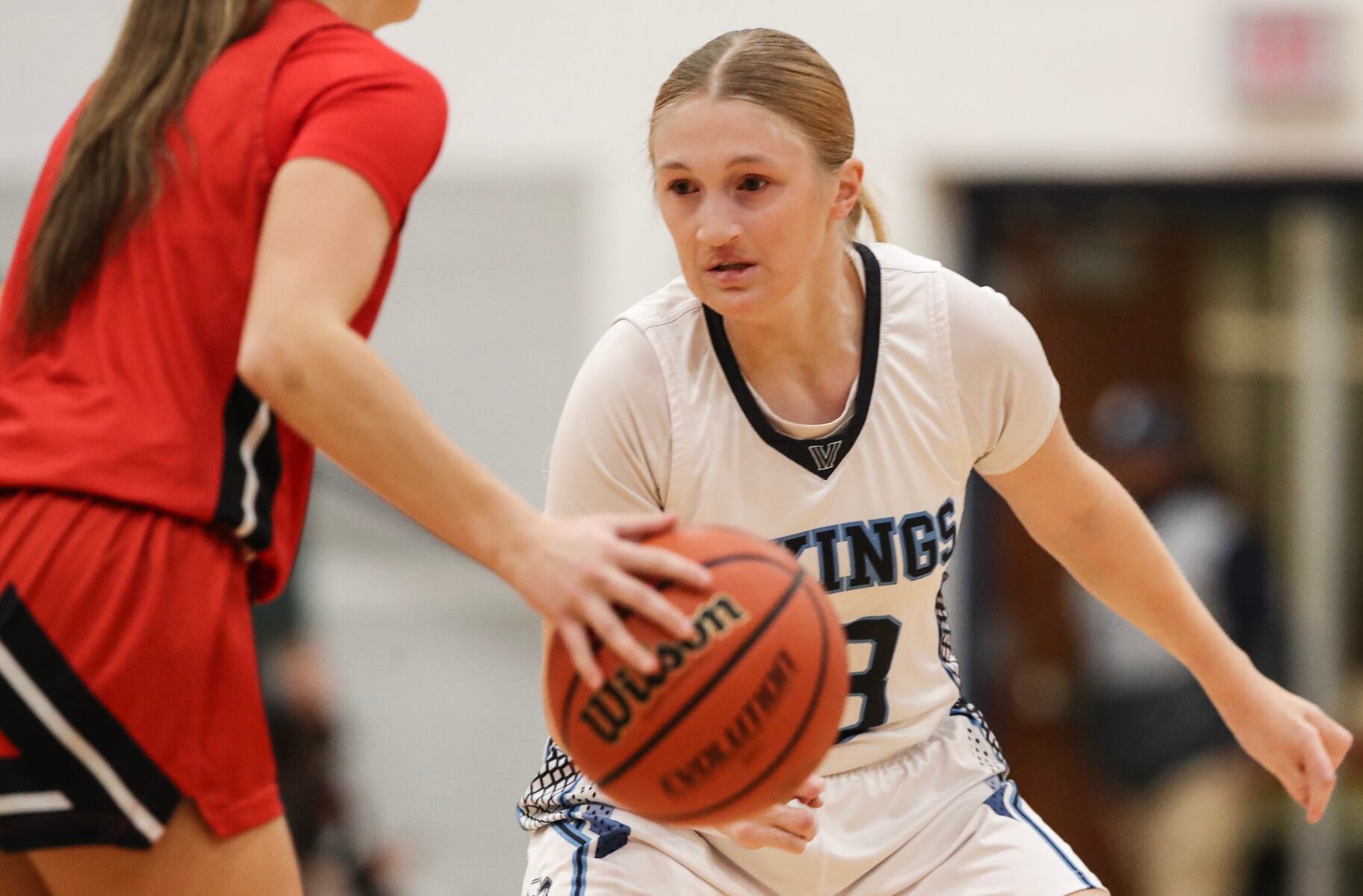 Juliana Margliano (13) of Atlantic City defends against Allie Hudson (3) of Ocean City during the girls basketball game between Ocean City and Atlantic City at Ocean City High School in Ocean City, NJ on 1/14/26.