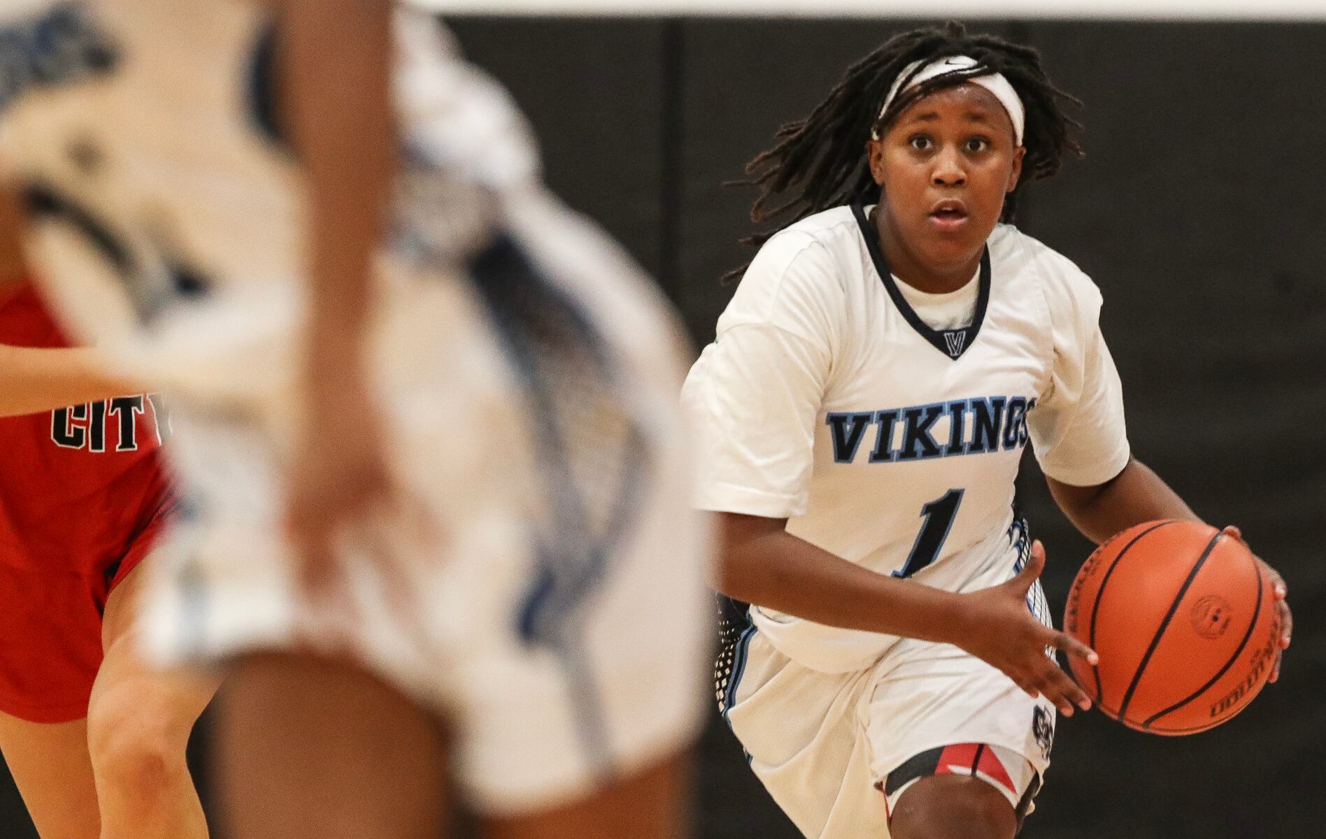 Sage Demby (1) of Atlantic City looks to send an outlet pass during the girls basketball game between Ocean City and Atlantic City at Ocean City High School in Ocean City, NJ on 1/14/26.