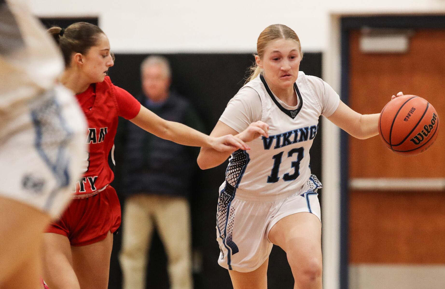 Juliana Margliano (13) of Atlantic City dribbles against Allie Hudson (3) of Ocean City during the girls basketball game between Ocean City and Atlantic City at Ocean City High School in Ocean City, NJ on 1/14/26.