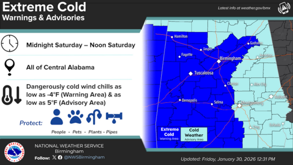 An Extreme Cold Warning is in effect for the western two thirds of Central Alabama with a Cold Weather Advisory in effect for the rest of Central Alabama from Friday night to midday Saturday. The Extreme Cold Warning will then include all of Central Alabama from Saturday night to midday Sunday. Dangerously cold wind chills as low as -4 degrees are expected in the warning area and as low as 5 degrees in the advisory area.