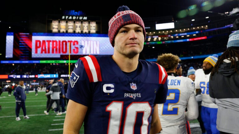 New England Patriots quarterback Drake Maye (10) on the field after defeating the Los Angeles Chargers. The New England Patriots played the Los Angeles Chargers in the AFC Wild Card game at Gillette Stadium on January 11, 2026.