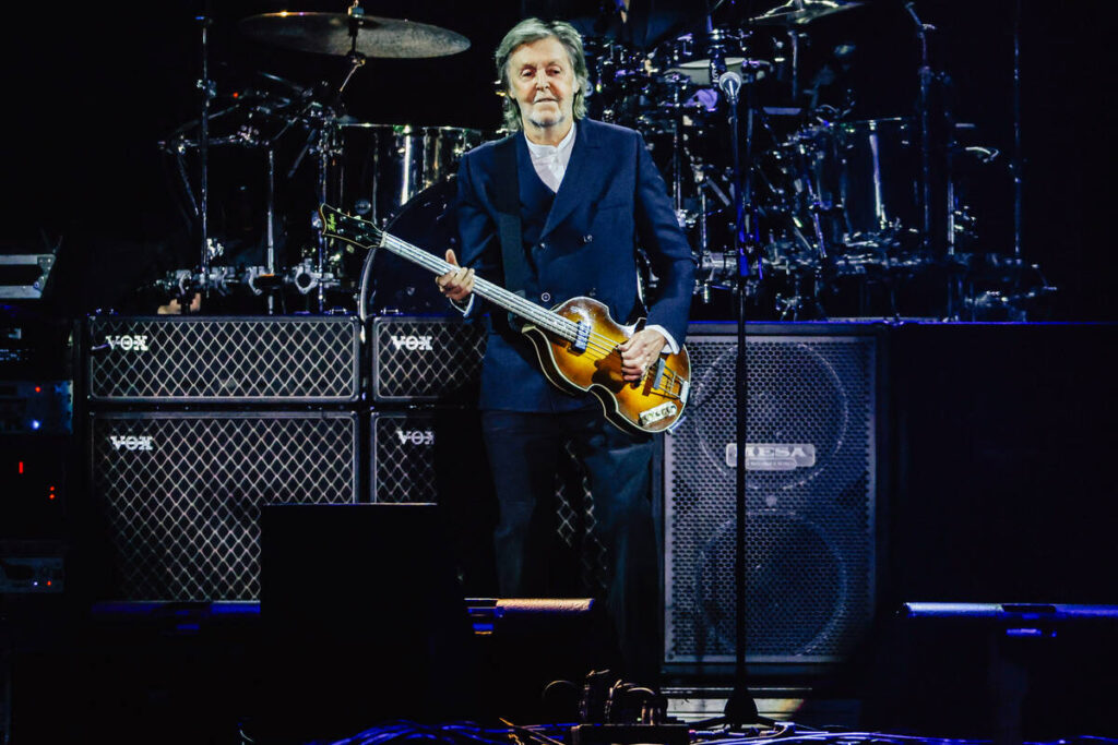 Paul McCartney performs during a stop on his Got Back tour at Allegiant Stadium Saturday, Oct. ...