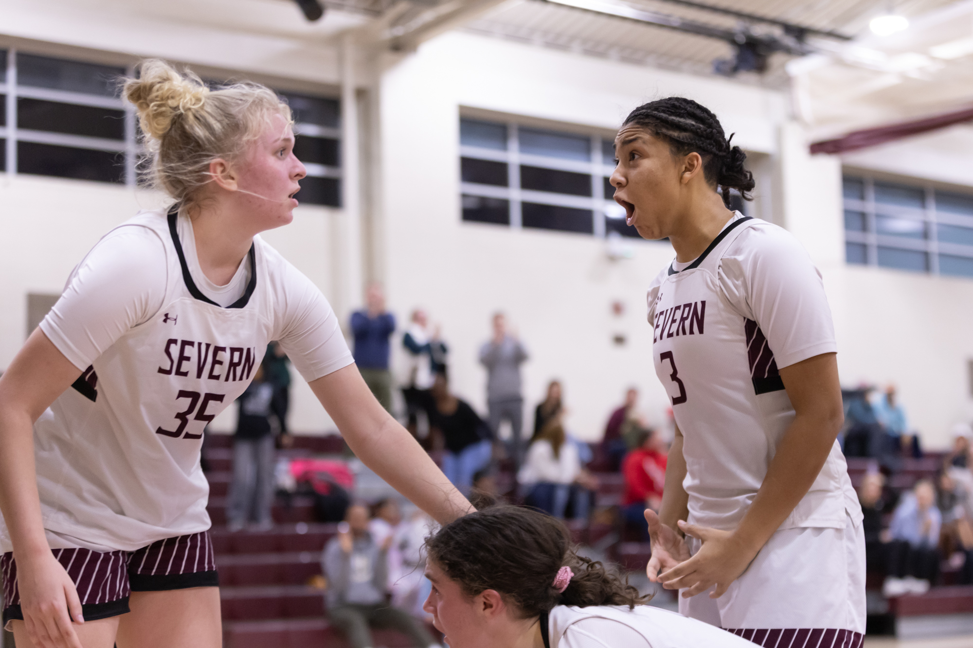 Severnâs Layla Epps, right, and Val Waugh react to a...