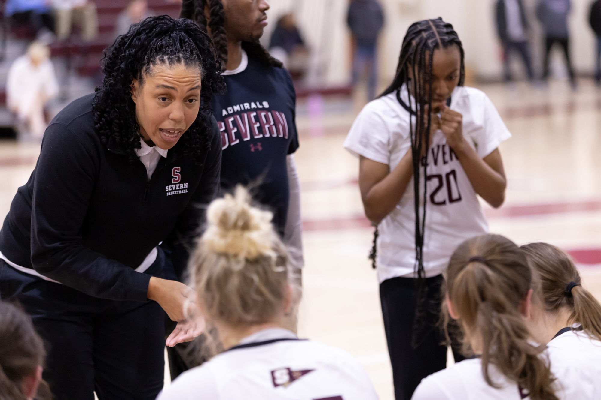Severn head coach Sharnae Hunt talks to the Admirals in...