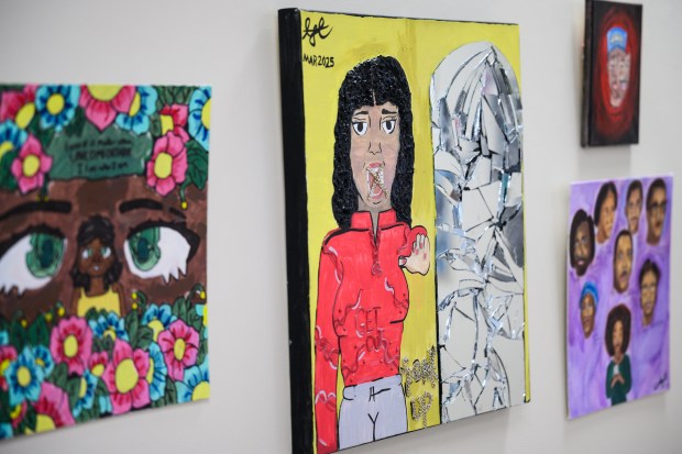 Art by local students is on display at the Gardner Center for the Arts in Gary, Wednesday, Feb. 4, 2026, as part of a Black History Month exhibit. (Kyle Telechan/for the Post-Tribune)