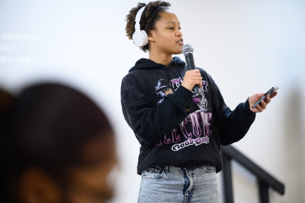 River Forest High School student Mariah Smith, 14, rehearses for her upcoming role as host for a Black History Month program and exhibit at the Gardner Center for the Arts in Gary Wednesday, Feb. 4, 2026. (Kyle Telechan/for the Post-Tribune)