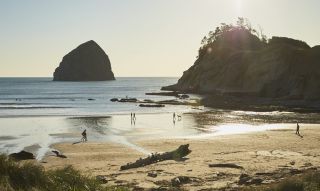 people walk on the wet sand on a sunny day at the beach with sand grass in the foreground and large rock formations in the background