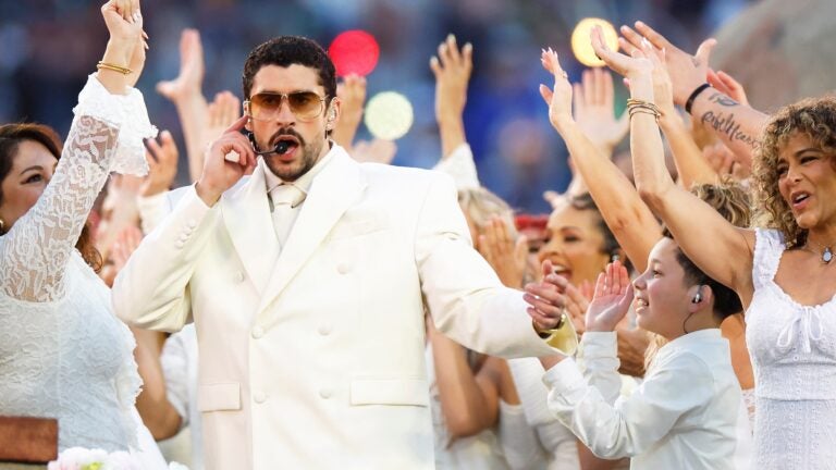 Bad Bunny performs during the halftime show of Super Bowl 60 between the Seattle Seahawks and New England Patriots in Santa Clara, Calif., Sunday, Feb. 8, 2026.