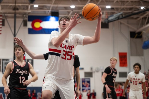 Chaparral High School senior Luke Williams (35) looks to score during a Class 6A second round playoff game against Fairview High School on Friday, Feb. 27, 2026, at Chaparral High School in Parker, Colo. (Photo by Timothy Hurst/The Denver Post)