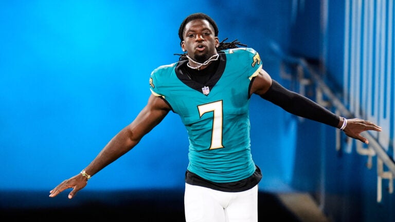Jacksonville Jaguars wide receiver Brian Thomas Jr. (7) enters the field during introductions before an NFL football game against the Kansas City Chiefs, Monday, Oct. 6, 2025, in Jacksonville, Fla.