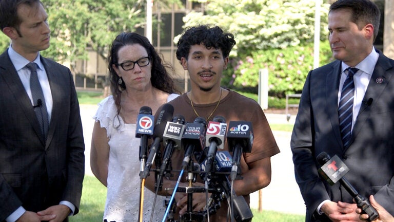 Marcelo Gomes da Silva, alongside Seth Moulton (right) speaks to reporters following his release from an ICE detention center June 5, 2025.
