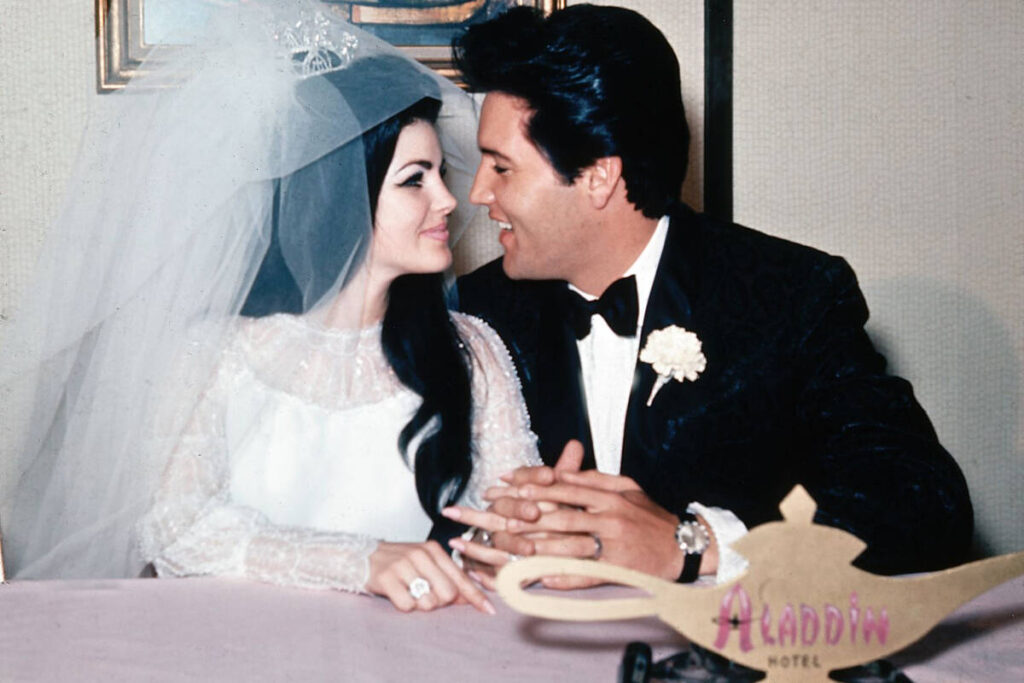 Priscilla and Elvis Presley are shown at the Aladdin Hotel in Las Vegas after their wedding on ...