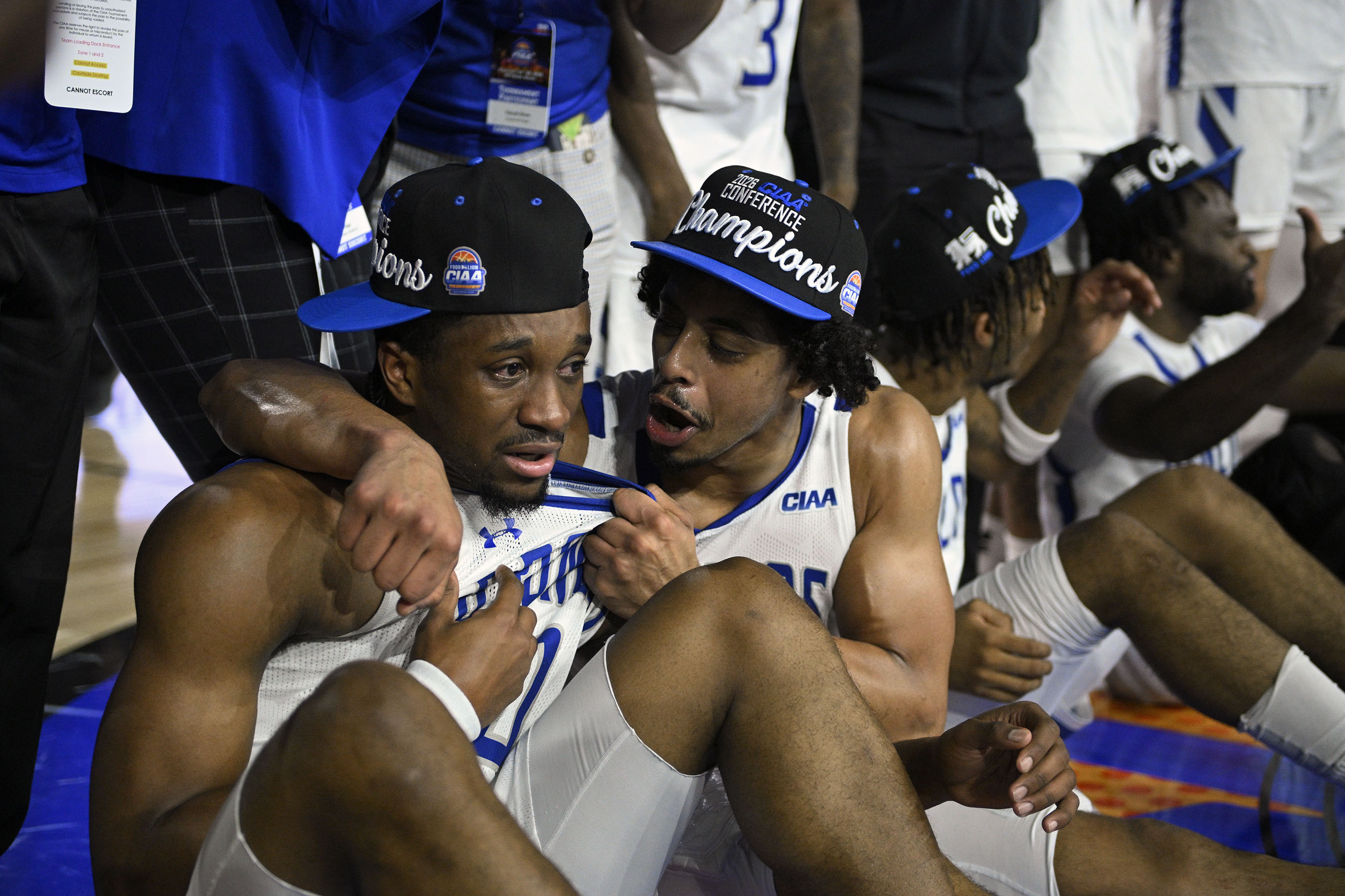 Fayetteville Stateâs Larry Howell, left, gets emotional as he and...