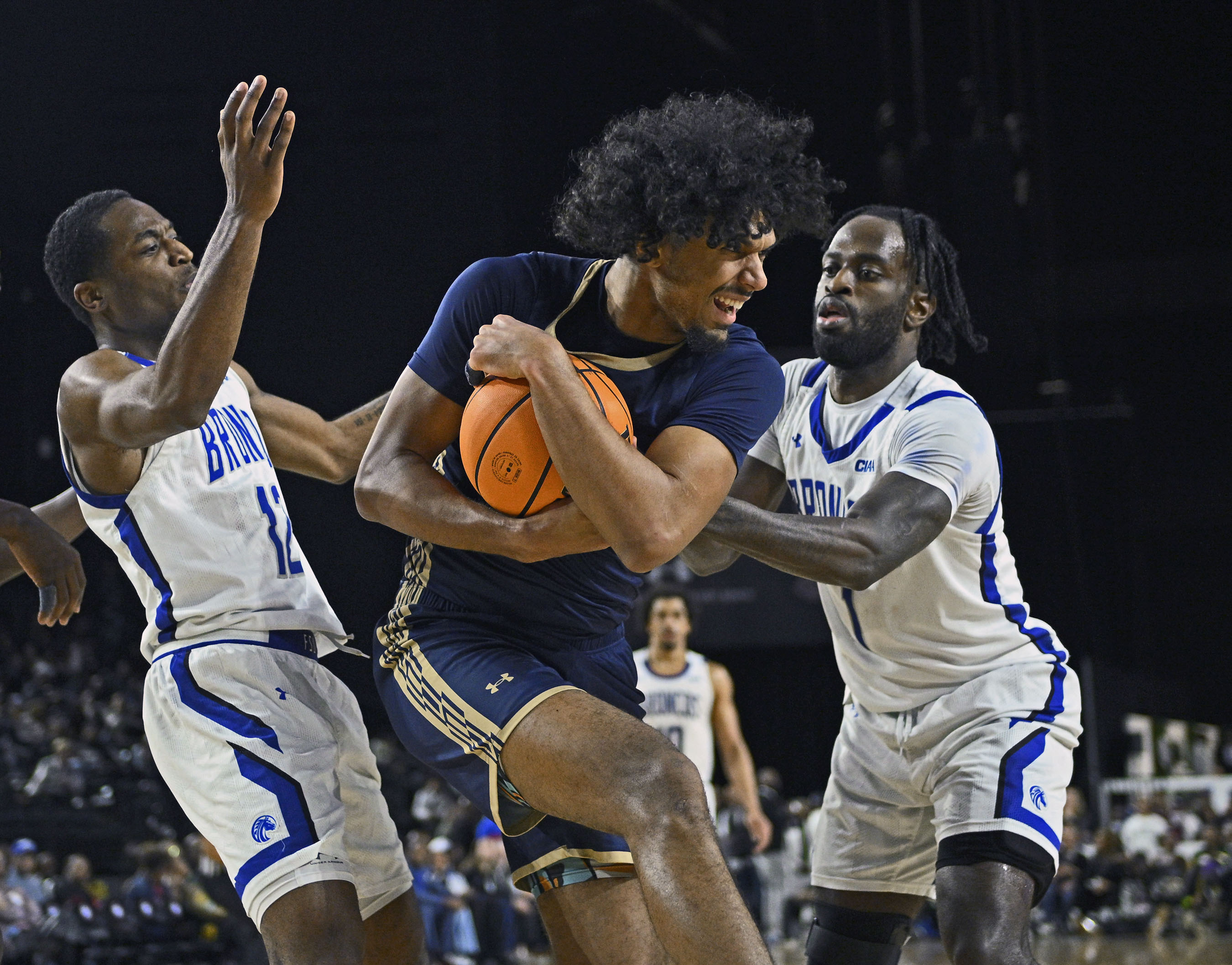 Bluefield Stateâs Anthony Davenport, center, grabs a rebound against Fayetteville...