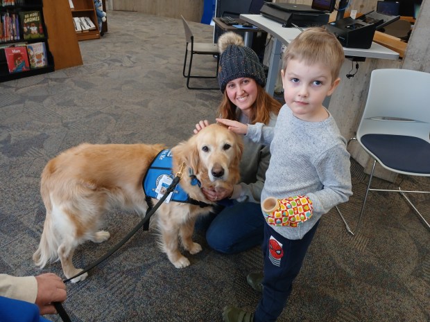 Liam Rogers, 4, gets to know comfort dog Michael while mom Melissa Rogers looks on. (Sue Ellen Ross/Post-Tribune)