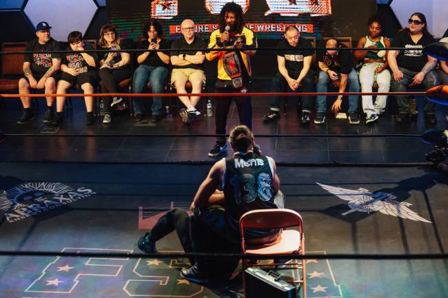 G Sharpe challenges an opponent, Bateman, during a Future Stars of Wrestling event at the Luxor ...