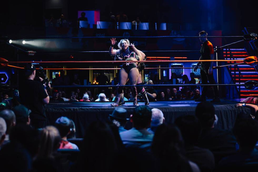 Brittnie Brooks participates in a wrestling match at the Luxor Sunday, March 29, 2026, in Las V ...
